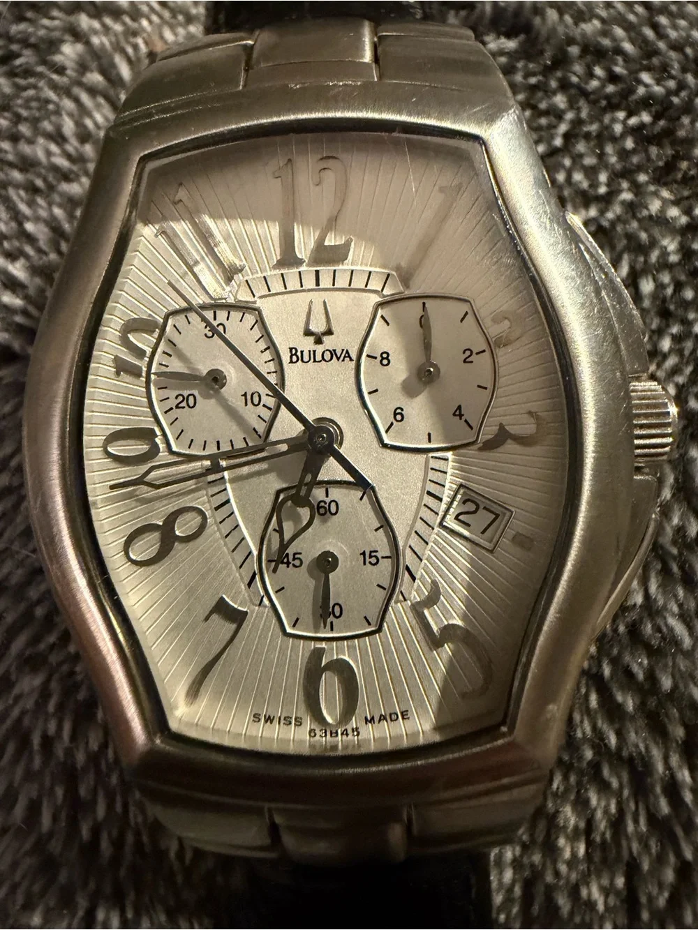 Bulova Silver-Toned Dial Watch with Black Strap